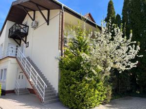 ein Gebäude mit einer Treppe neben einem blühenden Baum in der Unterkunft Jókai Apartmanház in Hévíz