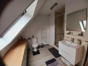 a bathroom with a white toilet and a sink at Magnifique studio de charme in Évreux