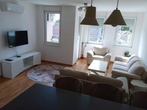 salon z kanapą i telewizorem w obiekcie Apartman Tomas w mieście Subotica