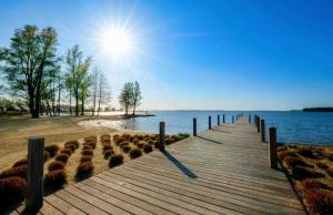 a wooden boardwalk leading to the water on a beach at Exclusive Cube mit Meerblick direkt am Strand Strandhaus in Hulshorst