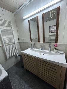 a bathroom with a sink and a mirror at La Kaz du Volcan-Capacité maximum 10 personnes in La Plaine des Cafres