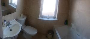 a bathroom with a toilet and a sink and a window at Cobh Rambler in Cobh