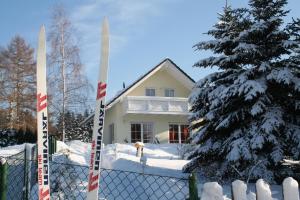 Un cane che sta sulla neve davanti a una casa di Ferienhaus Vogtlandresidenz a Beerheide