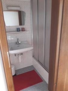 La petite salle de bains est pourvue d'un lavabo et d'un miroir. dans l'établissement Haus Bernkogelblick, à Goldegg