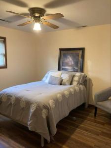 1 dormitorio con 1 cama y ventilador de techo en Whiteshomesplus, en Joplin