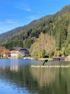 a lake with a resort and a boat house at Apartment mit Seeblick in Feld am See