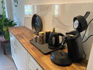 - un comptoir de cuisine avec une cafetière et une bouilloire dans l'établissement Apartment mit Seeblick, à Feld am See