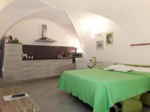 um quarto com uma cama verde e uma cozinha em Schönes Appartement in Toscolano Maderno mit Terrasse und Garten em Toscolano Maderno