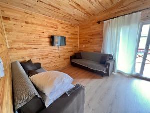 a living room with a couch and a tv at Adrasan Parlak Apart in Adrasan