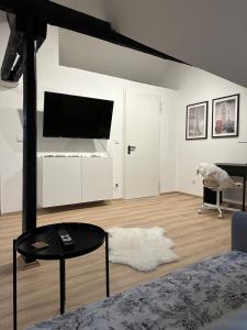 a living room with a flat screen tv and a rug at Modernes Loft am Dreiländereck in Alsdorf