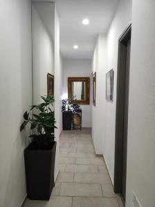 a hallway with a plant and a mirror on the wall at Porto Chania in Chania Town