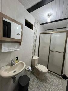 a bathroom with a toilet and a sink and a shower at Acogedor apartamento en el centro histórico de Guaduas in Guaduas