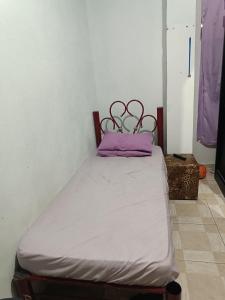 Casa amanhecer 2 في إتابيسيريكا دا سيرا: سرير مع وسادة أرجوانية في الغرفة