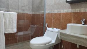 La salle de bains est pourvue de toilettes, d'un lavabo et d'une douche. dans l'établissement Lo más cómodo en San Diego., à San Diego