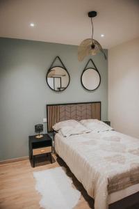 1 dormitorio con 1 cama y 2 espejos en la pared en Splendide appartement Cosy en Brioude