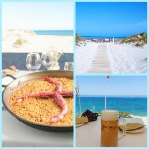 uma mesa com uma panela de comida e uma bebida e a praia em Sun And Beach Torre Horadada em Torre de la Horadada