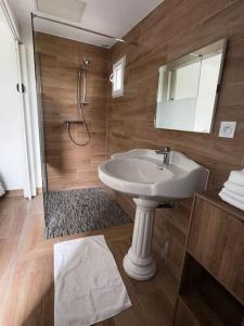 a bathroom with a sink and a shower and a mirror at Maison entièrement Neuve in Marseille