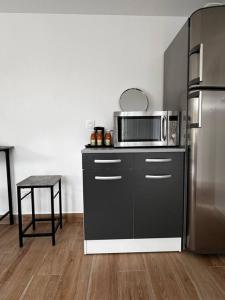 Il comprend une cuisine équipée d'un réfrigérateur en acier inoxydable et d'une table. dans l'établissement Maison entièrement Neuve, à Marseille