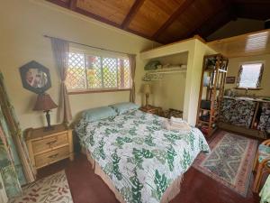 a bedroom with a bed and a window at Tropical Zen Bungalow in Pahoa