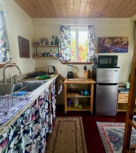 パホアにあるTropical Zen Bungalowのシンクと冷蔵庫付きのキッチン
