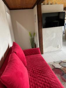 un sofá rojo en la sala de estar con TV en Ferienhaus am Listersee, en Meinerzhagen