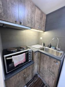 a small kitchen with a sink and a microwave at Αfrodite! Roof top studio--Wonderful city view in Athens