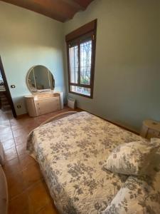 ein Schlafzimmer mit einem großen Bett und einem Spiegel in der Unterkunft FINCA EL CERRO in La Solana