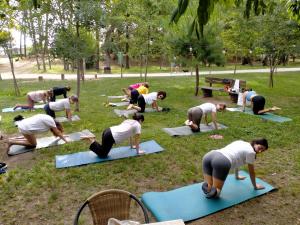 a group of people doing yoga in a park at La Villa in Cervia