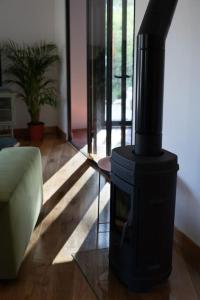 einen schwarzen Herd im Wohnzimmer mit Sofa in der Unterkunft Appartement T3 bas de Villa in Vero