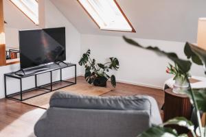 a living room with a tv and some plants at Vogelnest - Klimatisiert und gemütlich - Perfekt zum Abschalten! in Nordheim