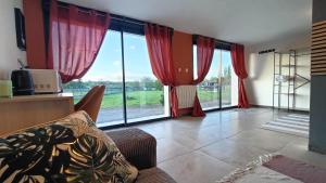 ein Wohnzimmer mit einem Sofa und großen Fenstern in der Unterkunft Les Jardins Ducarouge 3 climatisé in Digoin + 3 Fotos