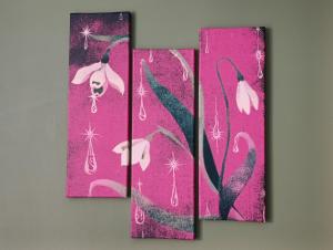 four panels of pink flowers on a pink background at Apartament Przebiśnieg in Polanica-Zdrój