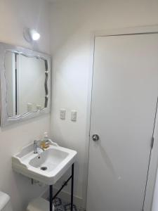 a bathroom with a sink and a mirror and a shower at Friendly Apartment Tamayo in Lima