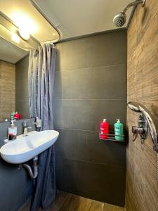 a bathroom with a sink and a shower at Αfrodite! Roof top studio--Wonderful city view in Athens