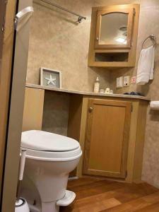 a bathroom with a white toilet and a mirror at WARM AND COZY RV 3 in Miami