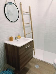 a bathroom with a sink and a mirror and a shower at Apartamento Praia da Gale in Albufeira