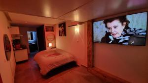 a room with a television on a wall with a bed at Phantasme Naturiste Studio Terrasse Port Nature in Cap d'Agde