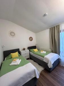a bedroom with two beds and a window at Villa Luiza B*** in Şura Mare
