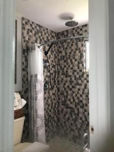 a bathroom with a shower with a shower curtain at The Haven Hideaway & Platinum in Freeport