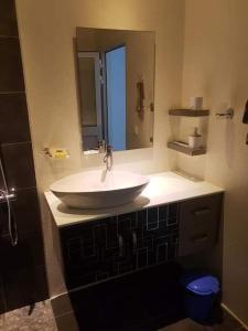 a bathroom with a white sink and a mirror at Villa Vielet Lalovina in Mahajanga