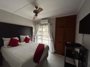 um quarto com uma cama com almofadas vermelhas e uma janela em Zinoma guest house em Empangeni