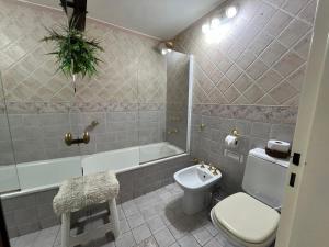 La salle de bains est pourvue de toilettes, d'une baignoire et d'un lavabo. dans l'établissement Centro de Buenos Aires, à Buenos Aires