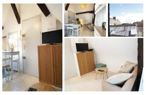 un collage de trois photos d'un salon et d'une cuisine dans l'établissement Le Petit Chartrain, à Chartres