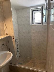 een badkamer met een douche en een wastafel bij Apartmani Nedic in Petrovac na Moru