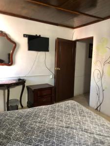 um quarto com uma cama e uma televisão na parede em El Hogar de Carmelita em Guanajuato