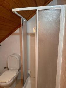 a bathroom with a toilet and a glass shower door at Casa do largo in Casais do Chão da Mendiga