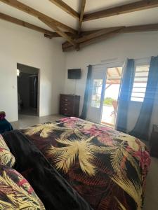 sypialnia z dużym łóżkiem i kolorowym kocem w obiekcie Kaz Karaîb' w mieście Fond Belle Fontaine