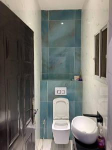 Loft and Luxe Apartment في لاغوس: حمام به مرحاض أبيض ومغسلة