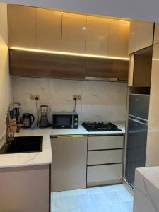 a small kitchen with a stove and a microwave at Loft and Luxe Apartment in Lagos