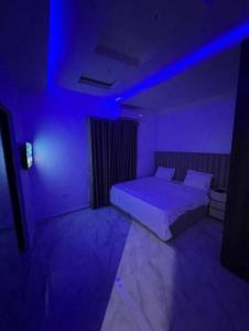 a room with a bed and a blue light at Loft and Luxe Apartment in Lagos
